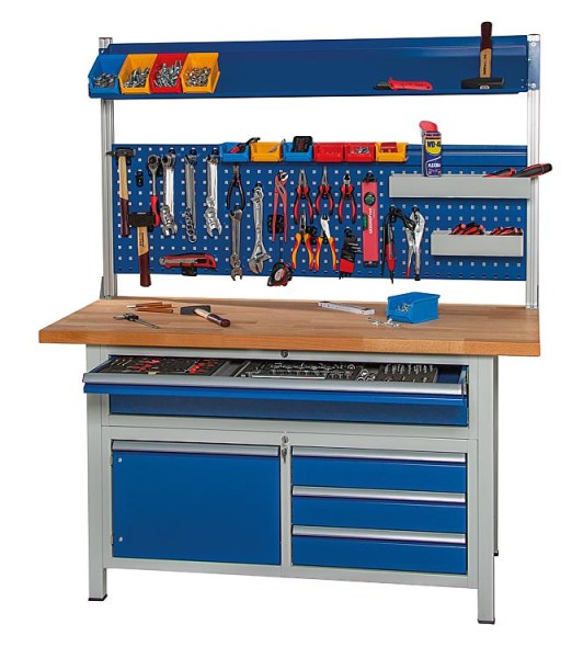 Werkbank Serie 8000 mit 5 Schubladen und Flügeltür mit Buche-Massiv-Arbeitsplatte, 40 mm