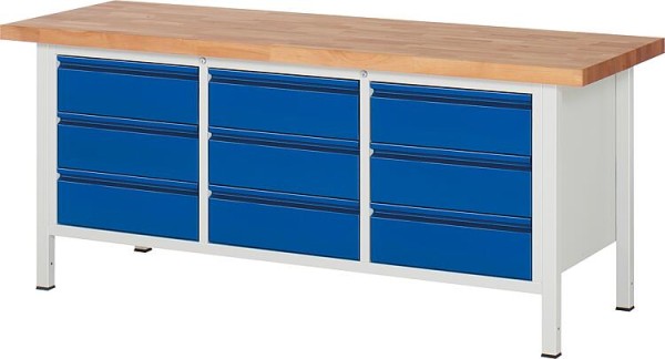 Werkbank Serie BASIC-8 mit 9 Schubladen mit Buche-Massiv-Arbeitsplatte, 40 mm