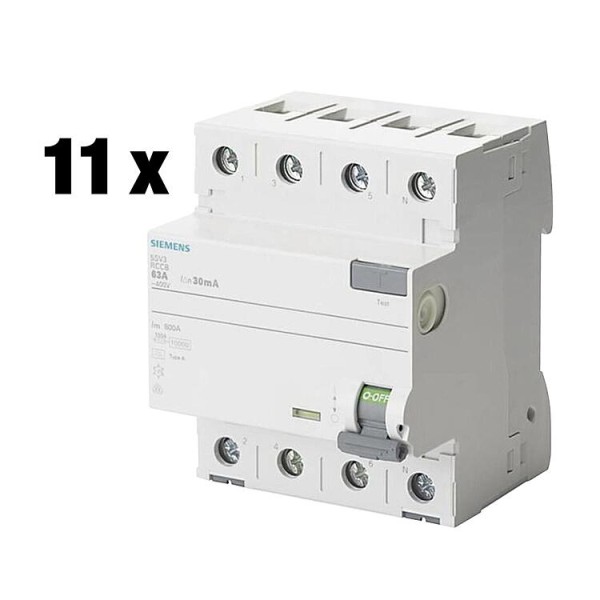 FI-Schutzschalter Paket, Siemens, 4-plig, Typ A, 40A, 30mA, 4TE, 5SV3344-6, 10+1 gratis, 11-teilig