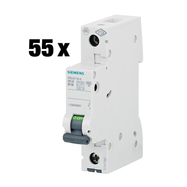 Leitungsschutzschalter Paket, Siemens, 6kA, 1-polig, B16A, 1TE, 5SL6116-6, 50+5 gratis, 55-teilig