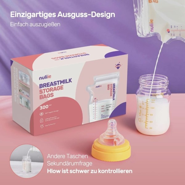 Nuliie 300 Stück Muttermilchbeutel, BPA-frei Muttermilch Aufbewahrung bag, Muttermilchbeutel mit Aus